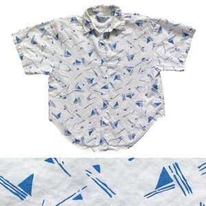 Vintage 1980s Color Cues Abstract Geometric Sailboat Summer Fun Button Down Top